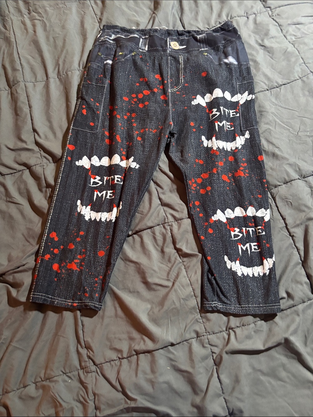 Black Graphic 'Bite Me' Jaw Print leggings with Red Splatter